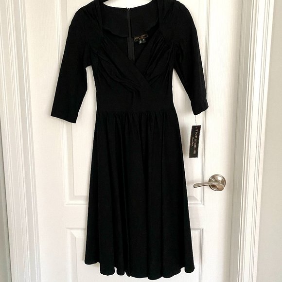 NWT Stop Staring Black 1950's Retro Cocktail Dress 3/4 Sleeve Pleated Full Skirt - Picture 1 of 13